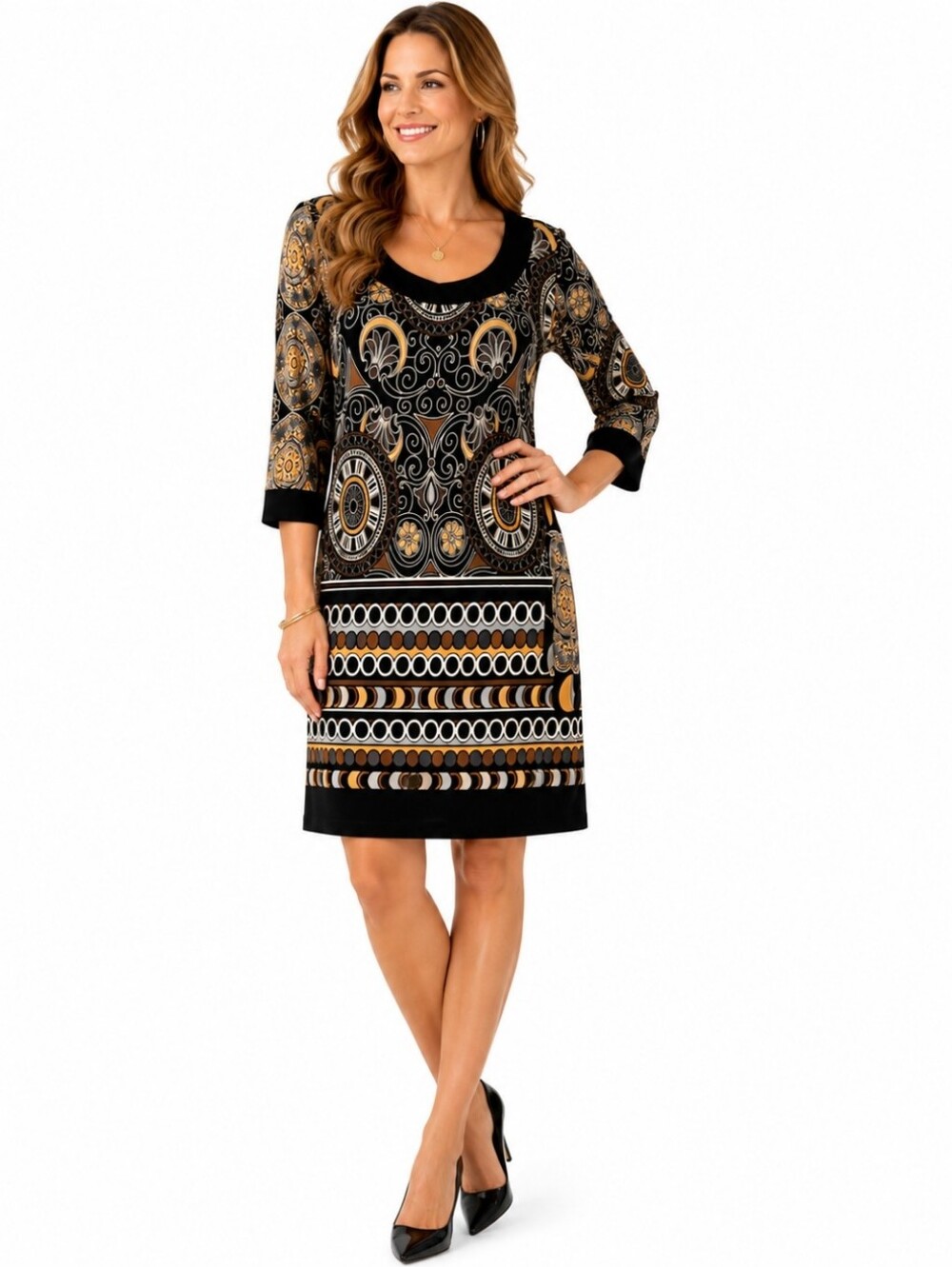 Tiana B. Black Gold Ornate Geometric Pattern Midi Dress Sz Lg